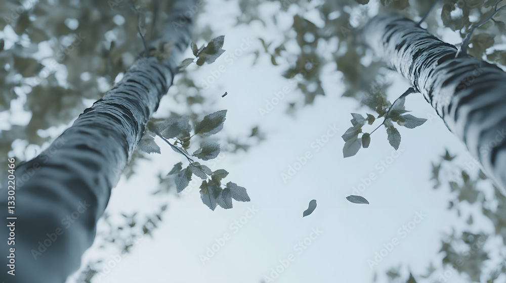 Poster dynamic scene of a tree with leaves dancing in the air underneath soft daylight filtering through br