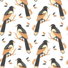 Seamless pattern, cute magpie birds on a branch on a white background. Print, textile