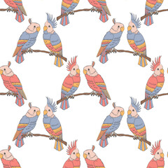 Obraz premium Seamless pattern, hand-drawn parrot birds on a branch on a white background. Print, textile