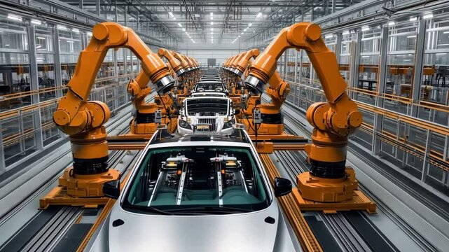 Orange industrial robots are assembling car bodies in a bright, automated automotive factory as vehicles progress down the line