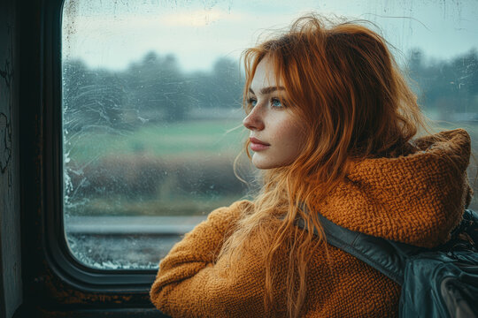 Woman looking wistfully out train window at passing countryside, reflection showing sadness mixed with nostalgia. Concept of bittersweet memories.