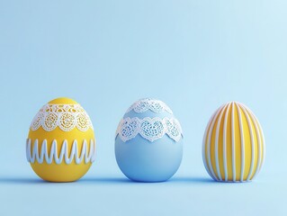Fototapeta premium Colorful decorative Easter eggs with intricate designs against a soft blue background, creating a festive and cheerful atmosphere.