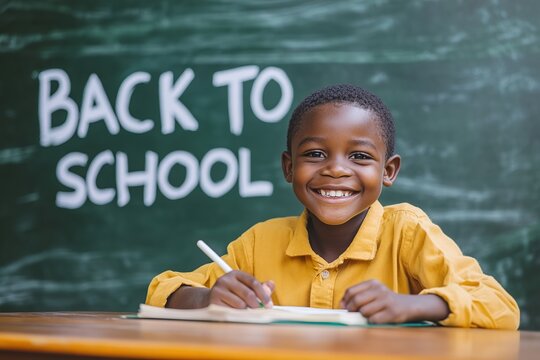 Young african schoolboy smiles while studying at a desk in classroom setting