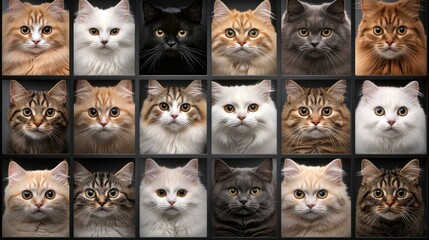 Fototapeta premium A collection showcases diverse cat breeds in various poses with striking details and vibrant colors highlighting their personalities