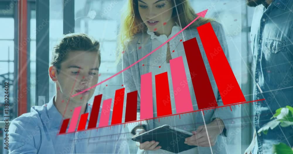 Poster business professionals analyzing data with red bar graph animation overlay