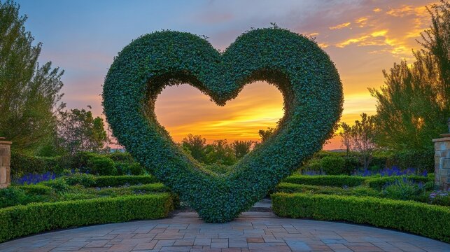 Heart-Shaped Hedge with Sunset Over Garden Landscape