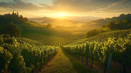 Naklejka premium Scenic Vineyard Landscape with Rolling Hills, Mist, and a Golden Sunrise Over the Fields