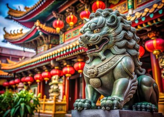 Fototapeta premium Los Angeles Chinatown Temple Lion Statue Portrait Photography - Majestic Chinese Guardian