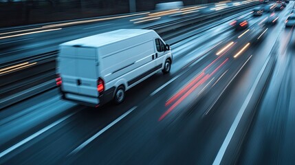 Fototapeta premium Courier van driving on a busy highway, motion blur effect capturing the speed and efficiency of express delivery services.