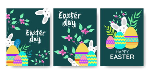 Happy Easter, Modern poster flat design with tropikal leaves, flowers, eggs and bunnies. Vector illustration
