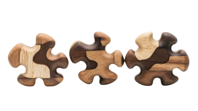 Unique handcrafted wooden puzzle pieces showcasing natural patterns arranged in a row for creative play and decoration