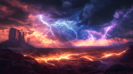 Naklejka premium Apocalyptic Lightning Storm Over Desolate Landscape