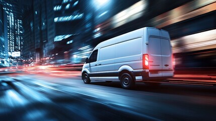 Fototapeta premium Nighttime delivery van in motion, city lights blurred in the background, emphasizing 24/7 logistics.