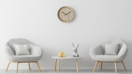 Minimalist living room with two chairs, a clock, and decorative objects