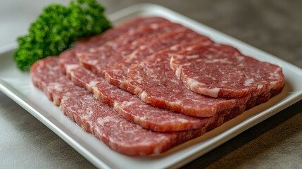 Fototapeta premium Sliced raw meat on a white plate. Fresh slices of meat ready for grilling or cooking. Aromatic herbs adorn the plate
