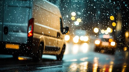 Rainy city road with a delivery van in motion, blurred raindrops and lights adding a dramatic rush effect.
