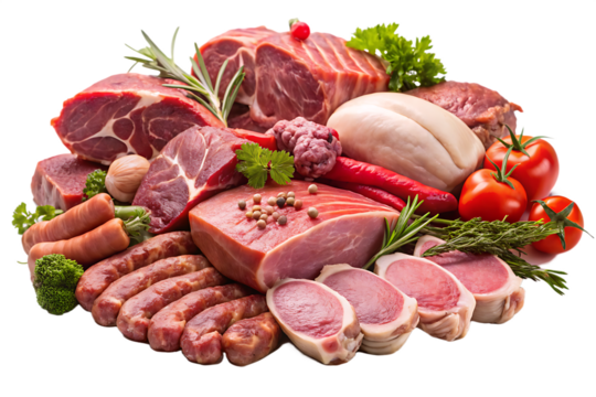 meat assortment different raw meat isolated on white background PNG. GENERATIVE AI