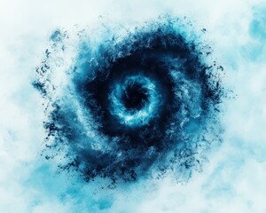 Fototapeta premium A vibrant blue spiral emerges prominently at the center of a fluffy, white cloud, creating a striking contrast against the soft, billowy texture of the cloud surrounding it.
