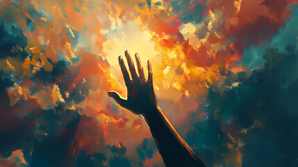 A digital painting of reaching for the sky, utilizing chiaroscuro lighting and smooth gradient transitions, with seamless color blending and strong contrasts. Chiaroscuro Glow. Illustration