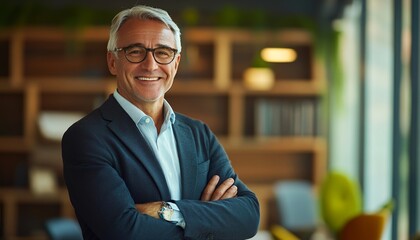 Fototapeta premium Smiling Older Bank Manager or Executive in Office with Bookshelf Background