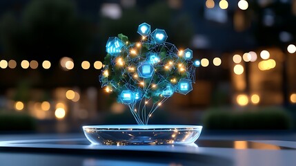 Global Network Tree: Nighttime 3D Render of Digital Connections AI Generated