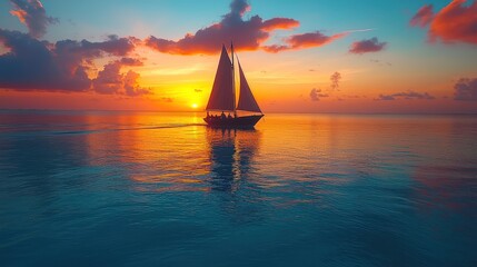 Fototapeta premium Tranquil sailboat journey at sunset, reflecting on peaceful water surface