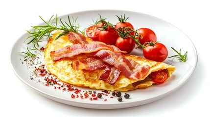 Omelet with bacon and tomatoes on white