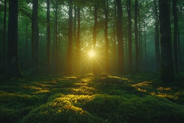 Fototapeta premium Sun rays through misty forest.