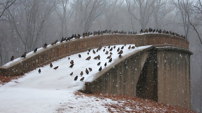 Birds Resting On A Snow Covered Bridge In Winter