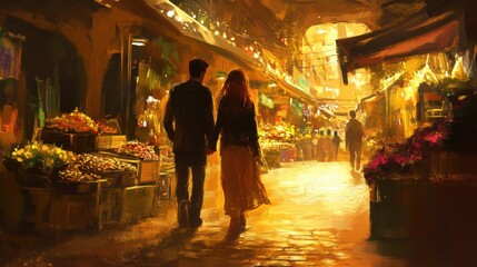 Romantic Evening Stroll Through Colorful Market with Warm Lights