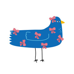 Funny blue bird with red bows. Fashion cartoon print. Vector hand drawn illustration.