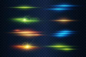 Obraz premium Set of colored neon highlights and flares. The effect of lines and stars, an explosion of lenses.