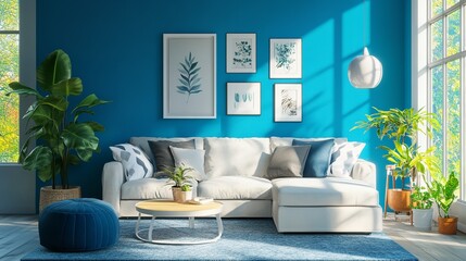 Cozy Living Room Interior Design: Blue Walls, Modern Comfort, 8K Resolution, 3D Render sofa home teal