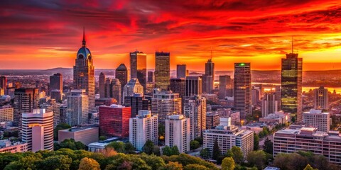 Obraz premium Montreal Skyline Red Minimalist Photography: Stunning Cityscape Sunset