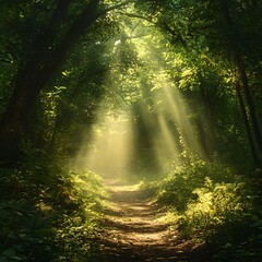 Obraz premium Sunbeams illuminate path through lush forest.