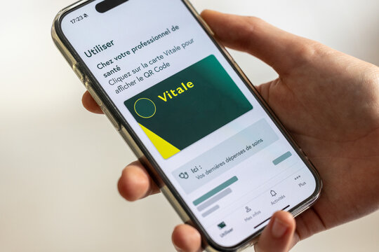 Paris,  France - March 13, 2025 : Vitale card. The Vitale card is accessible from the insured's smartphone using the Vitale card app