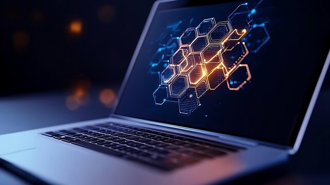Laptop Displaying Futuristic Network Interface: 3D Render AI Generated