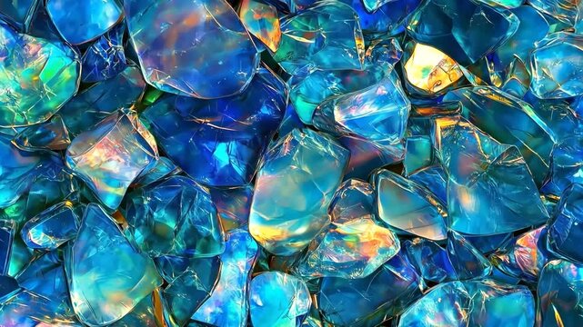 A vibrant close-up of blue and iridescent Opal gemstones, showcasing various shapes and sizes with sparkling reflections and a glossy surface mineral pattern texture macro background.