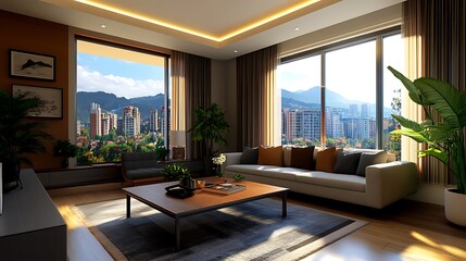 Modern Apartment Living Room 3D Render: Panoramic City View AI Generated