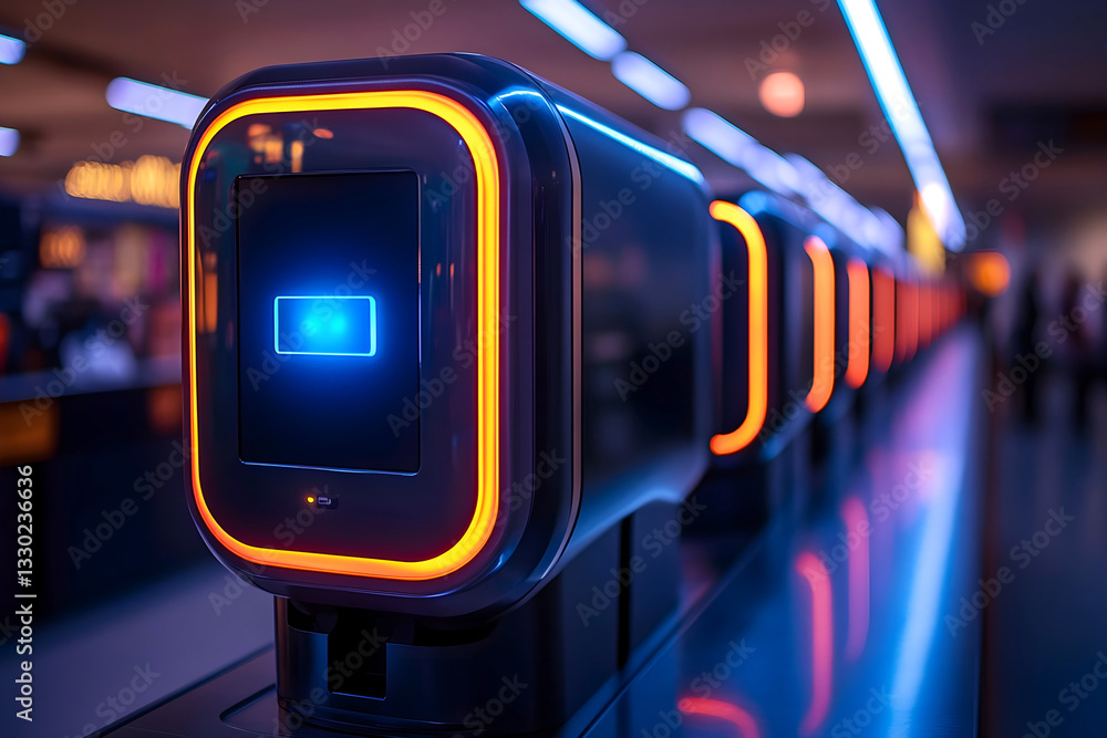 Poster futuristic automated ticket gate with glowing neon lights in a modern transportation hub, creating a