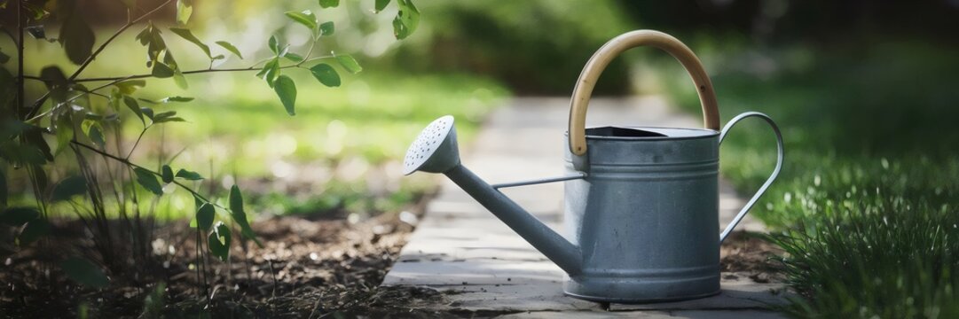 Watering can on garden path with blurred background and gentle motion – Great for gardening, nature, or home and garden content.