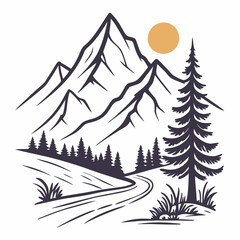 Obraz premium A minimal mountain silhouette with pine trees and a rising sun, crafted in a clean vector style for an adventure T-shirt.
