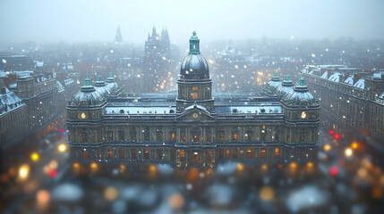 Snowy city hall, winter cityscape