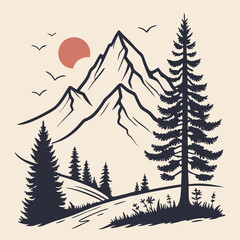 A minimal mountain silhouette with pine trees and a rising sun, crafted in a clean vector style for an adventure T-shirt.