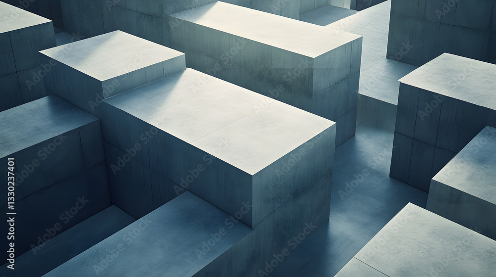 Poster intricate maze constructed from concrete blocks with dynamic 3d geometric surfaces offering a unique