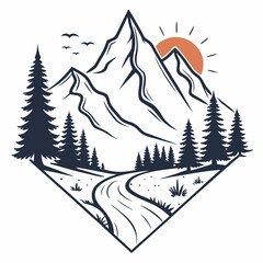 A minimal mountain silhouette with pine trees and a rising sun, crafted in a clean vector style for an adventure T-shirt.
