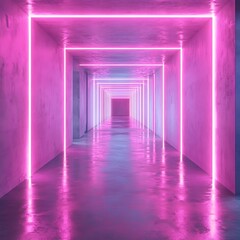 Fototapeta premium Pink and blue neon lights illuminate a long, reflective corridor.