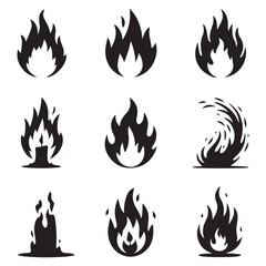 Big set of fire flame vector icons. Collection of fire and flame icons. Bonfire icons, flaming elements.
 Flame Editable Stroke Line Icons Classic silhouette flame. Black fire set isolated on Fire ico