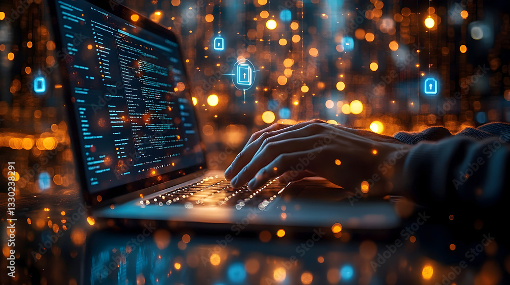 Poster hands typing on a laptop with glowing code and cybersecurity icons, symbolizing hacking, data securi