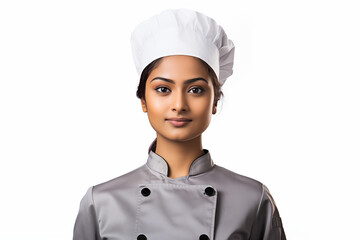 Smiling Indian women chef in white background. Showcasing passion for food, culinary skills, and vibrant flavors. Perfect for food culture. Cook recruitment. India.